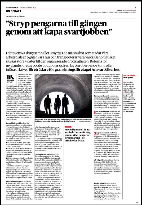 Ansvar & Säkerhet, DN Debatt